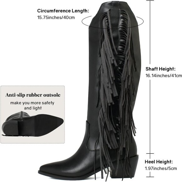 Women Black Synthetic Fringe Tassels Pointed Toe Knee High Western Cowgirl Boots - Picture 2 of 7